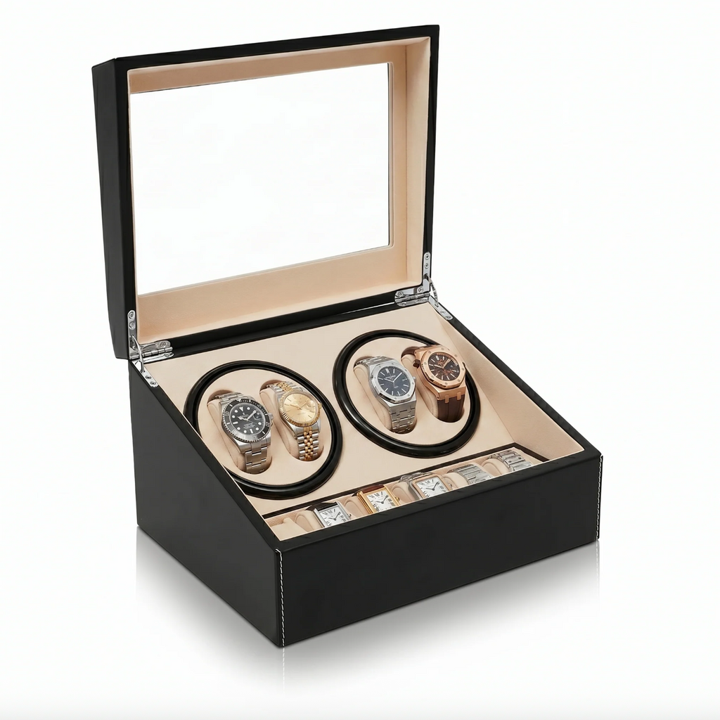 Boîte Remontoir Automatique pour 4 Montres avec Espace de Stockage 6 Montres – Noir Élégant, Intérieur Beige