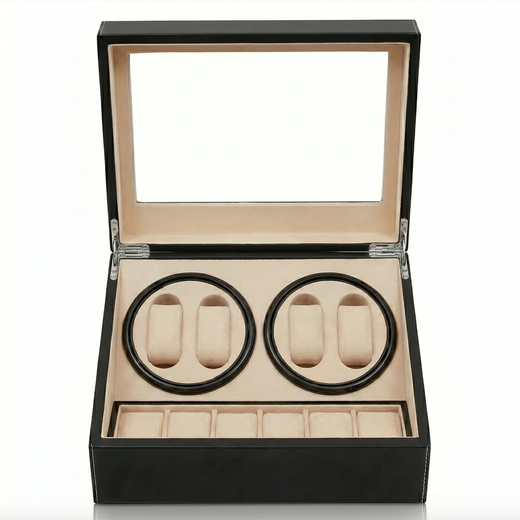 Boîte Remontoir Automatique pour 4 Montres avec Espace de Stockage 6 Montres – Noir Élégant, Intérieur Beige