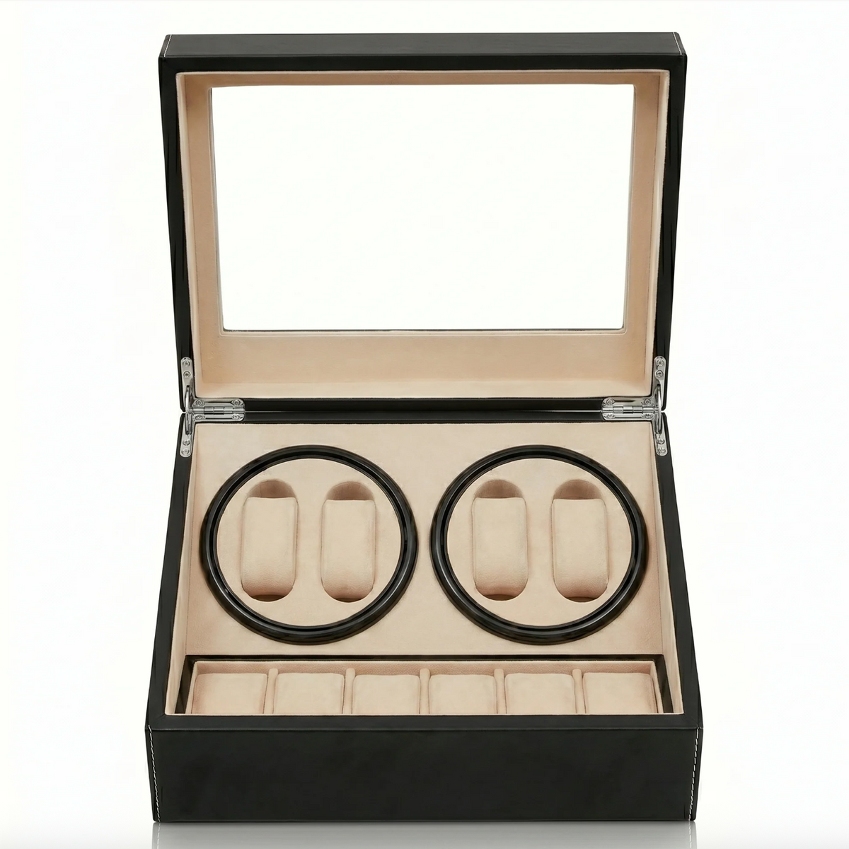 Boîte Remontoir Automatique pour 4 Montres avec Espace de Stockage 6 Montres – Noir Élégant, Intérieur Beige