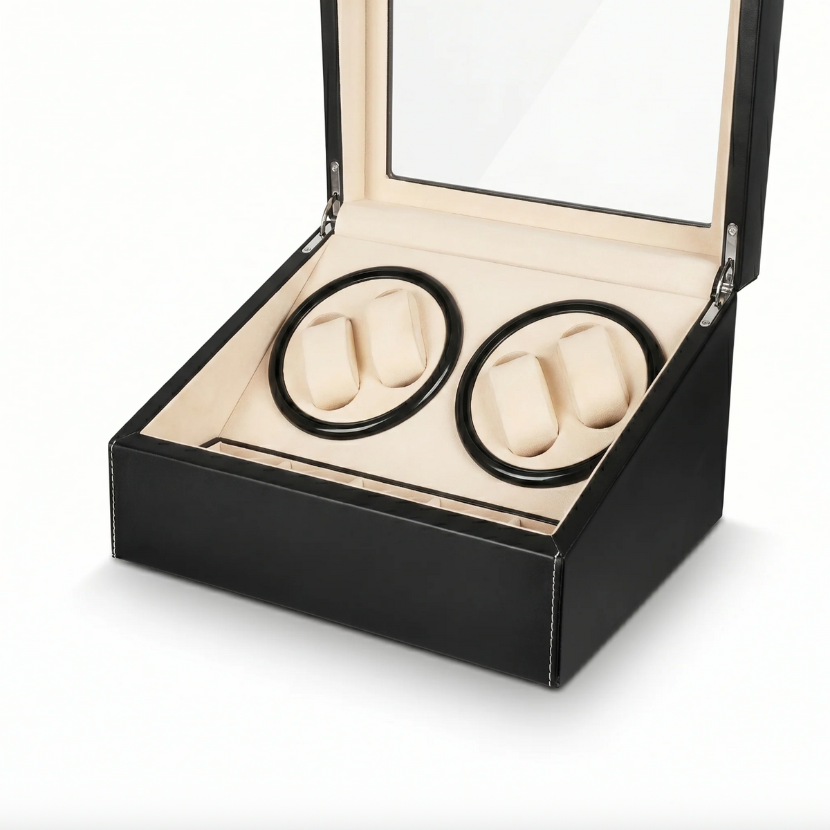Boîte Remontoir Automatique pour 4 Montres avec Espace de Stockage 6 Montres – Noir Élégant, Intérieur Beige