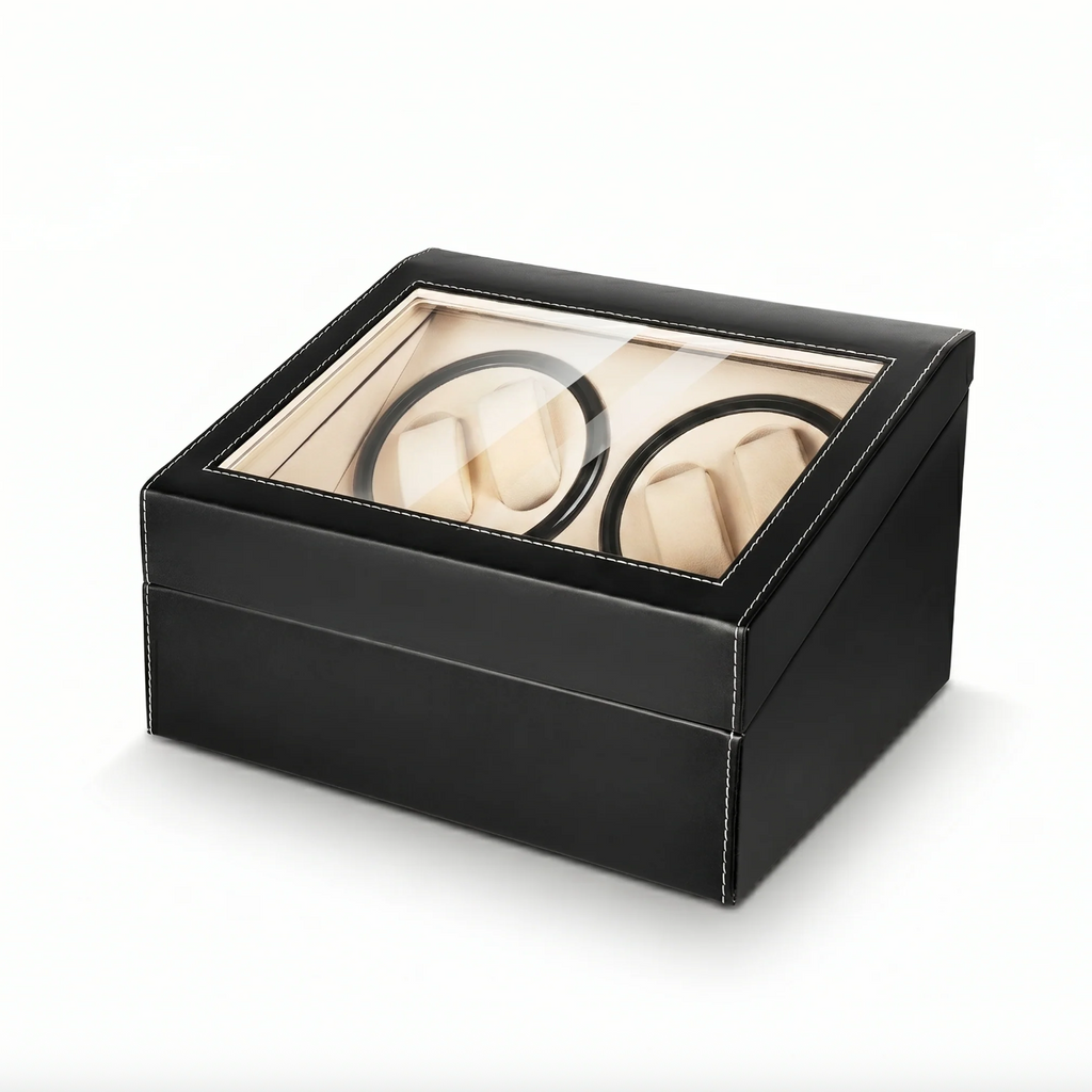Boîte Remontoir Automatique pour 4 Montres avec Espace de Stockage 6 Montres – Noir Élégant, Intérieur Beige