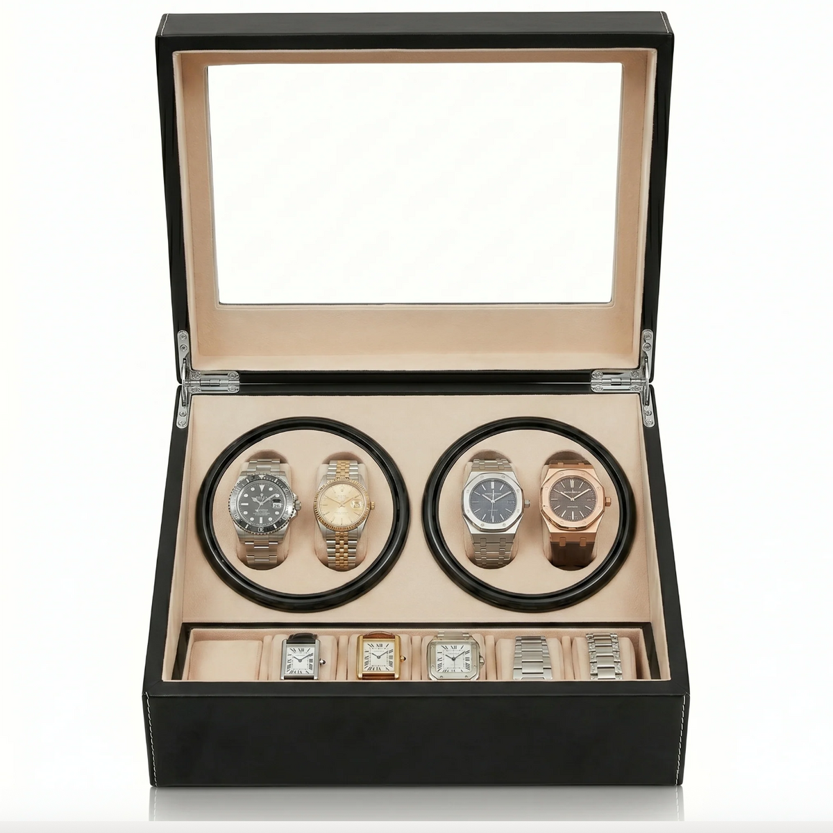 Boîte Remontoir Automatique pour 4 Montres avec Espace de Stockage 6 Montres – Noir Élégant, Intérieur Beige