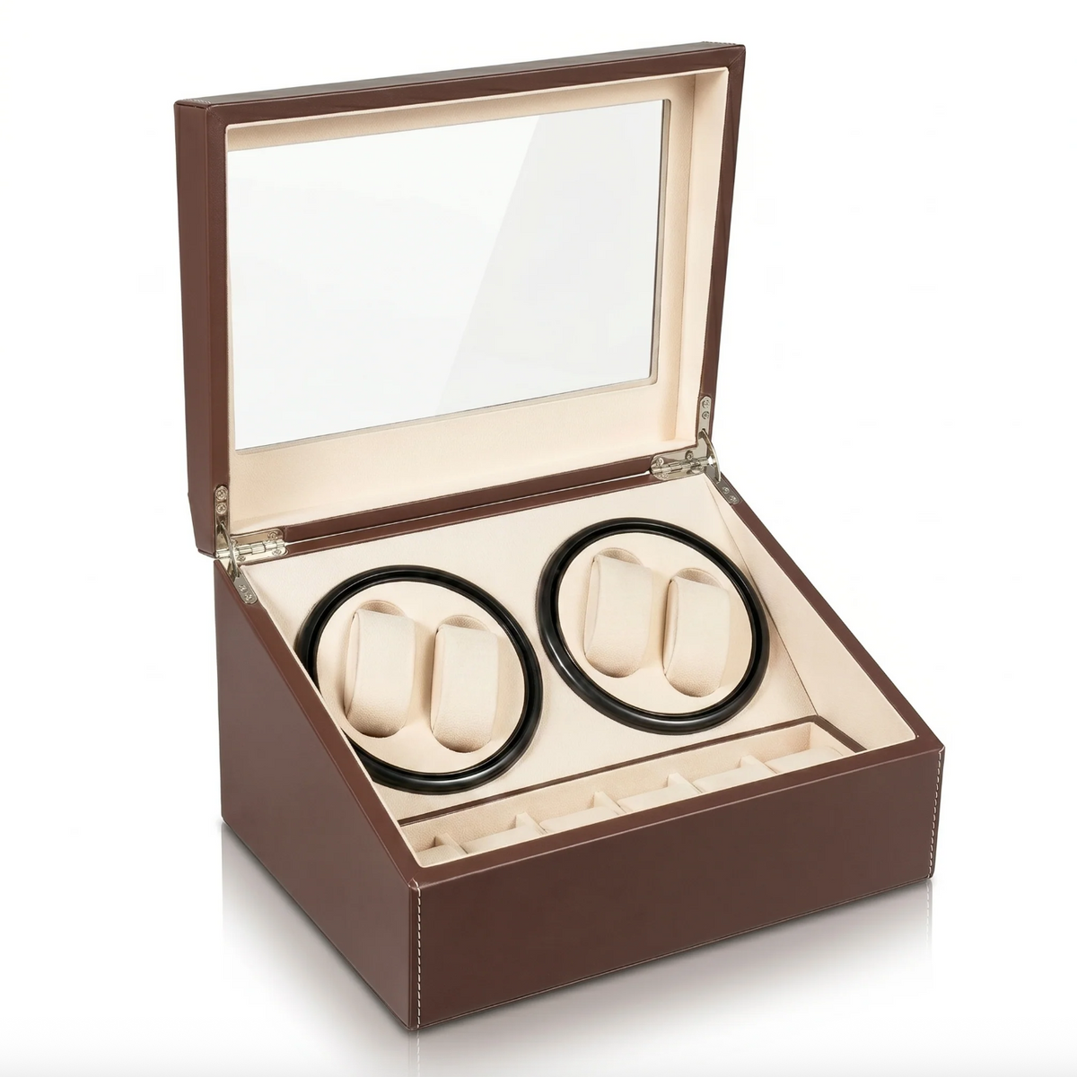 Boîte Remontoir Automatique pour 4 Montres avec Espace de Stockage 6 Montres – Noir Élégant, Intérieur Beige
