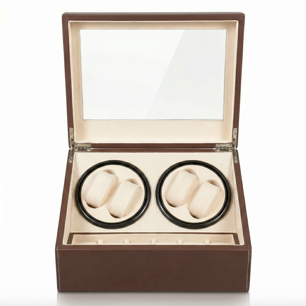 Boîte Remontoir Automatique pour 4 Montres avec Espace de Stockage 6 Montres – Noir Élégant, Intérieur Beige